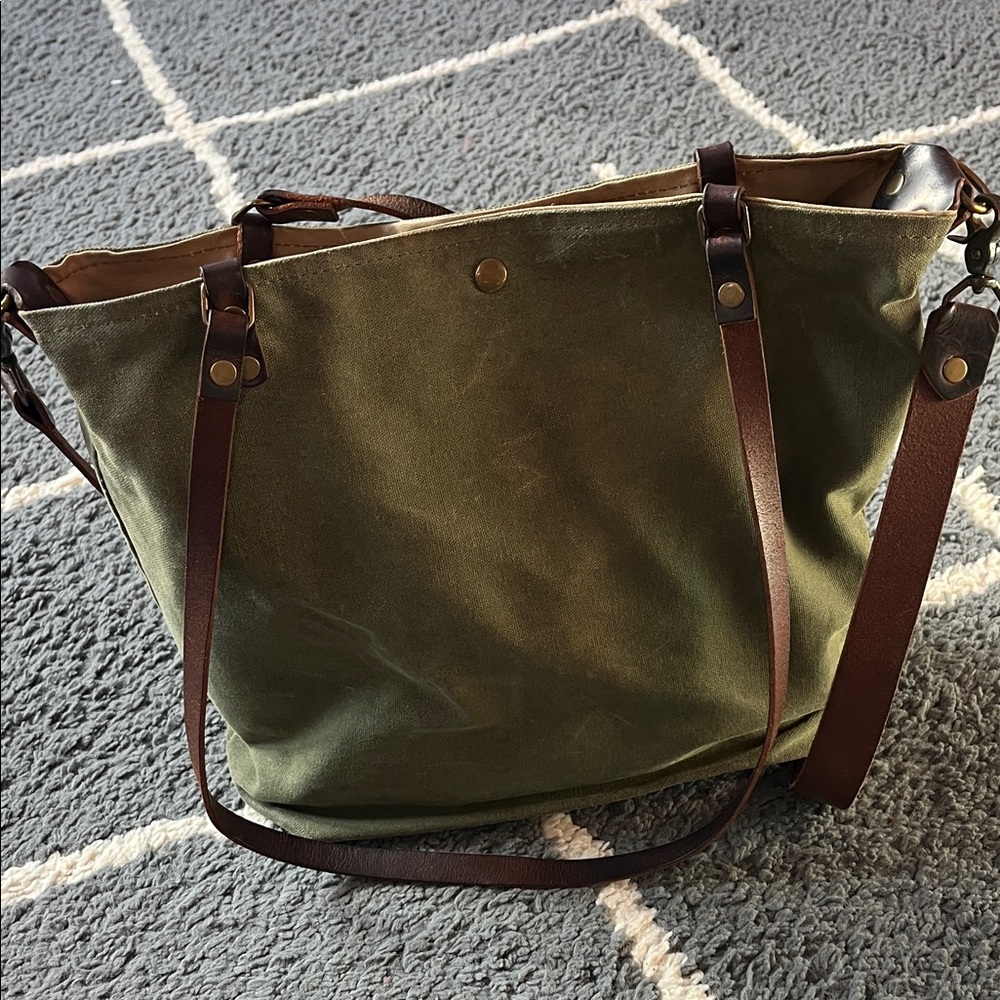 Handmade waxed Olive Green Canvas Tote Bag with Brown Leather Straps